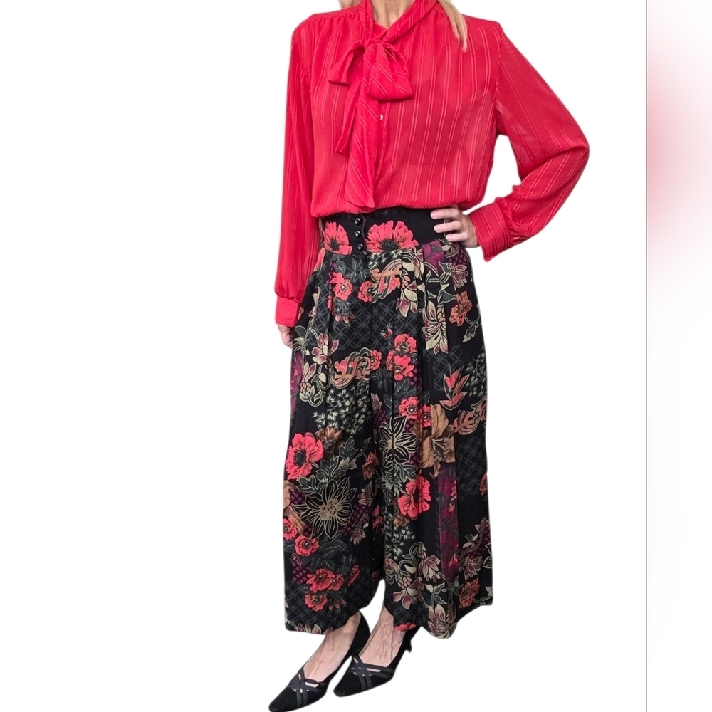 Hunters Run Floral Wide Leg Pants Black Boho Culotte Cropped Size M